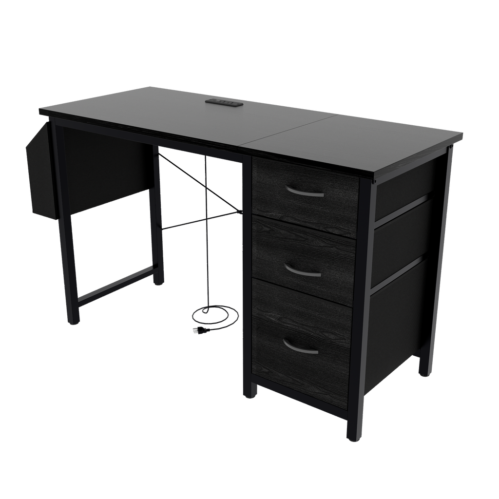 47.3'office desk with power outlet,3 drawers,Large Side Pocket, Desk Easy to Assemble,Frame stability Reversible,  for home desk, computer desk, game table,Writing desk,Vanity table, black