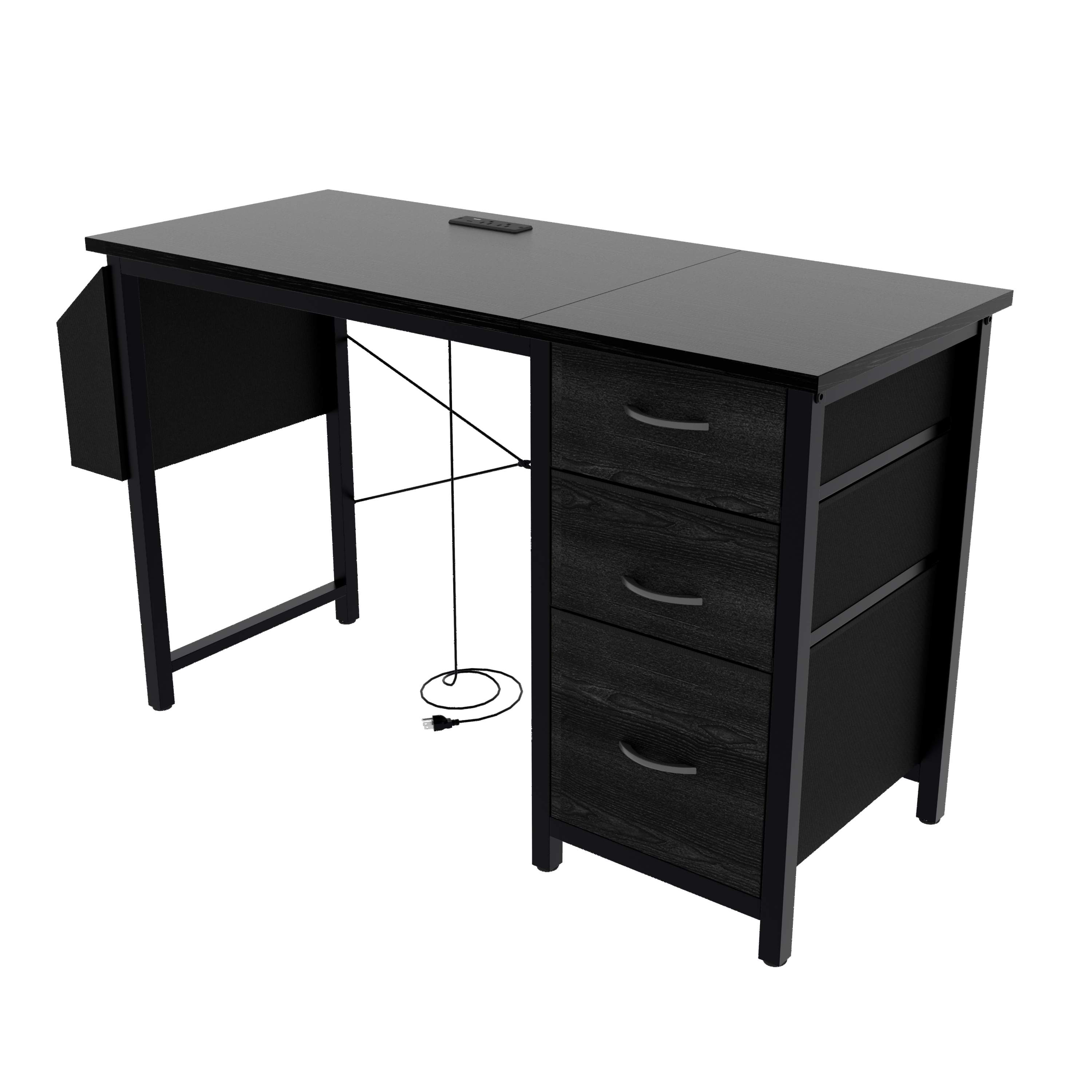 47.3'office desk with power outlet,3 drawers,Large Side Pocket, Desk Easy to Assemble,Frame stability Reversible,  for home desk, computer desk, game table,Writing desk,Vanity table, black