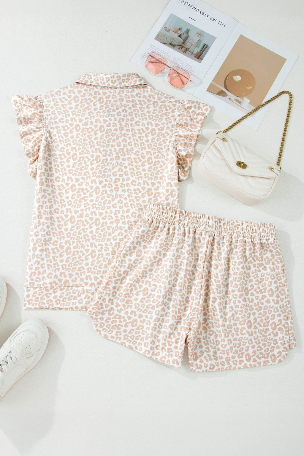 Leopard Zip Polo Top & Elastic Shorts Set