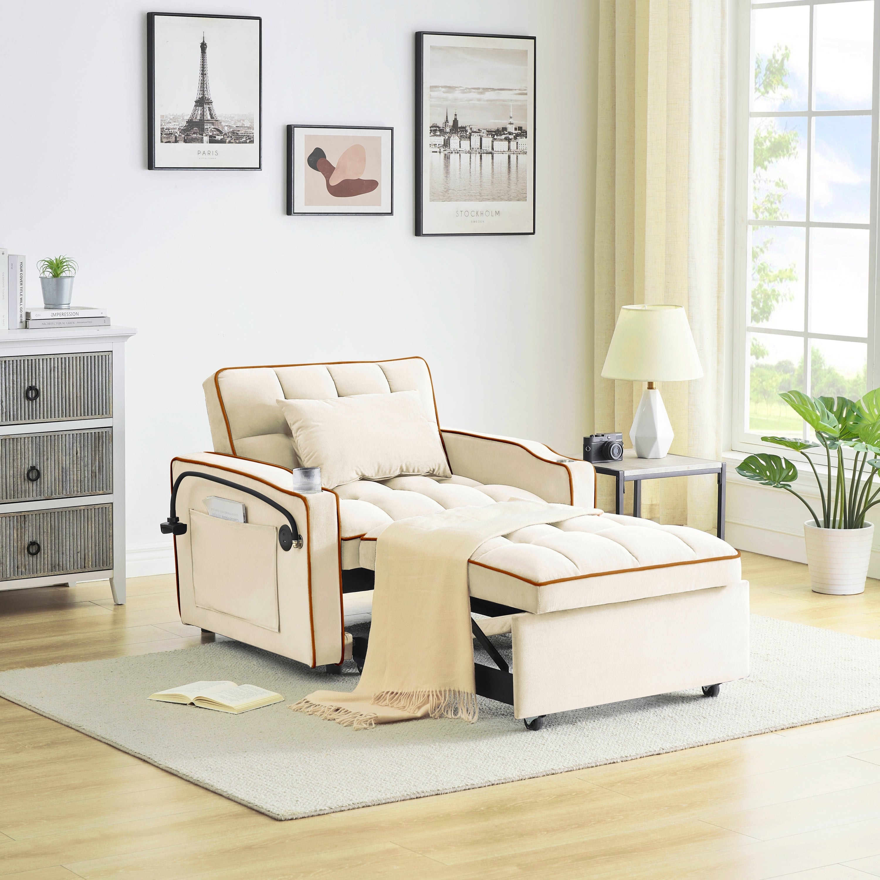 1 versatile foldable sofa bed in 3 lengths, modern sofa sofa sofa velvet pull-out bed, adjustable back and with USB port and ashtray and swivel phone stand creamy white