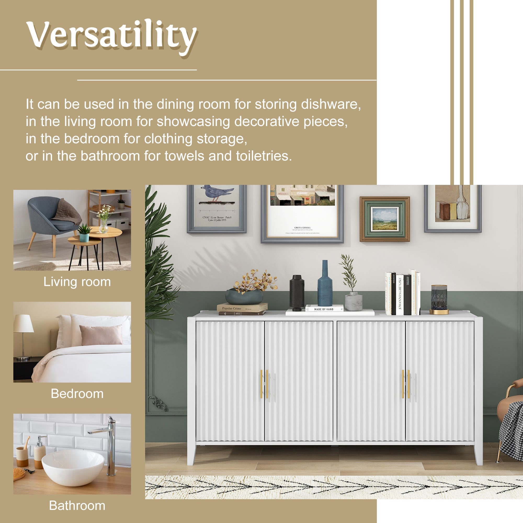 U_Style 63.1''Modern 4-Vertical Wavy Slatted Doors Sideboard,Storage Cabinet With Elegant Design, Solid Wood Legs with Painted,Metal Handles,for Dining Room,Living Room, Kitchen, or Entryway(White)