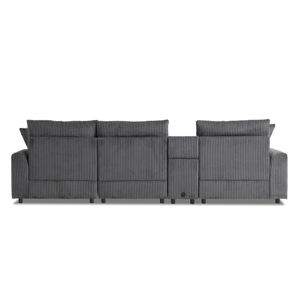 Modular Corduroy Sectional Sofa with Bluetooth Speakers, USB Charger, Cup Holders, Storage, and Ottoman in Dark Gray