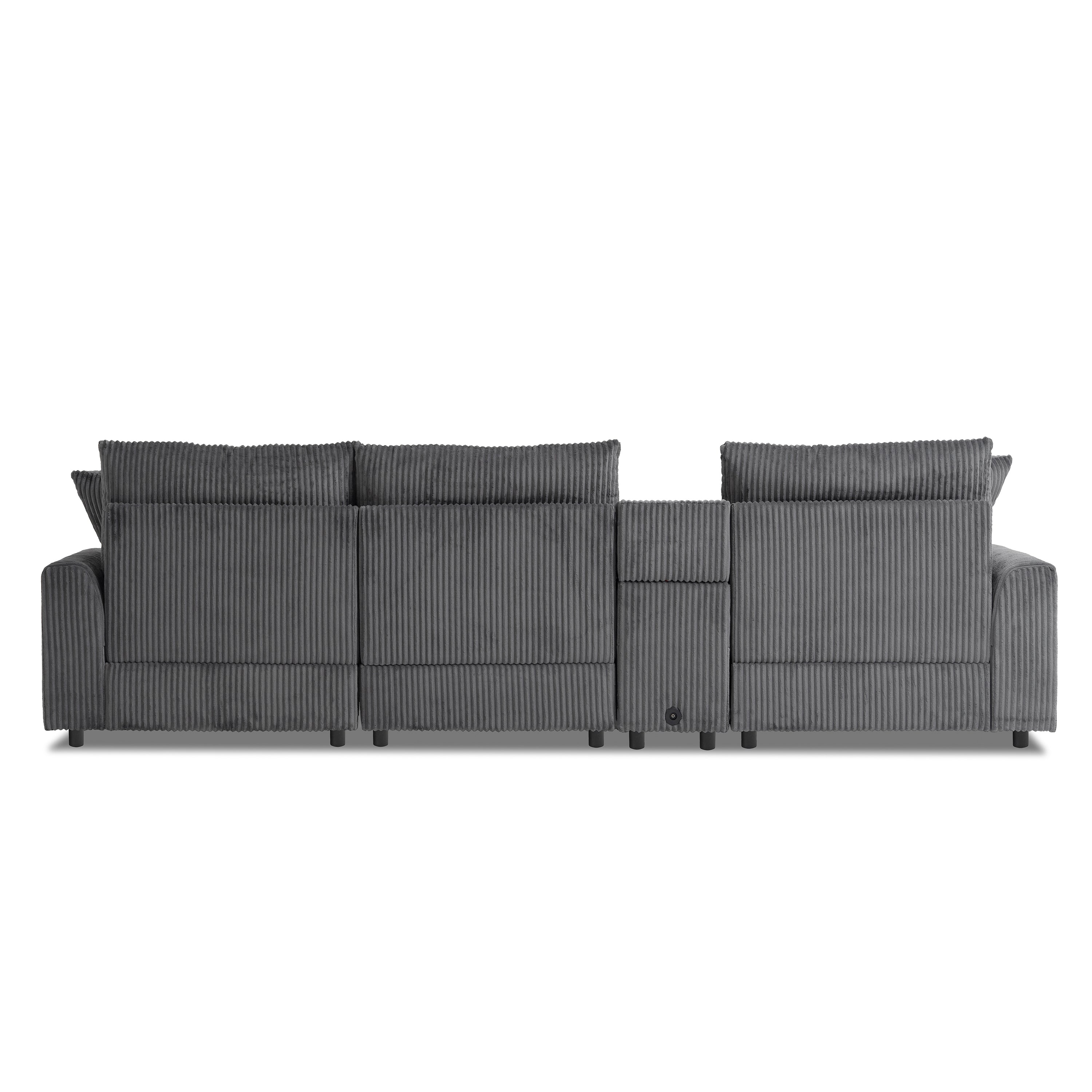 Modular Corduroy Sectional Sofa with Bluetooth Speakers, USB Charger, Cup Holders, Storage, and Ottoman in Dark Gray