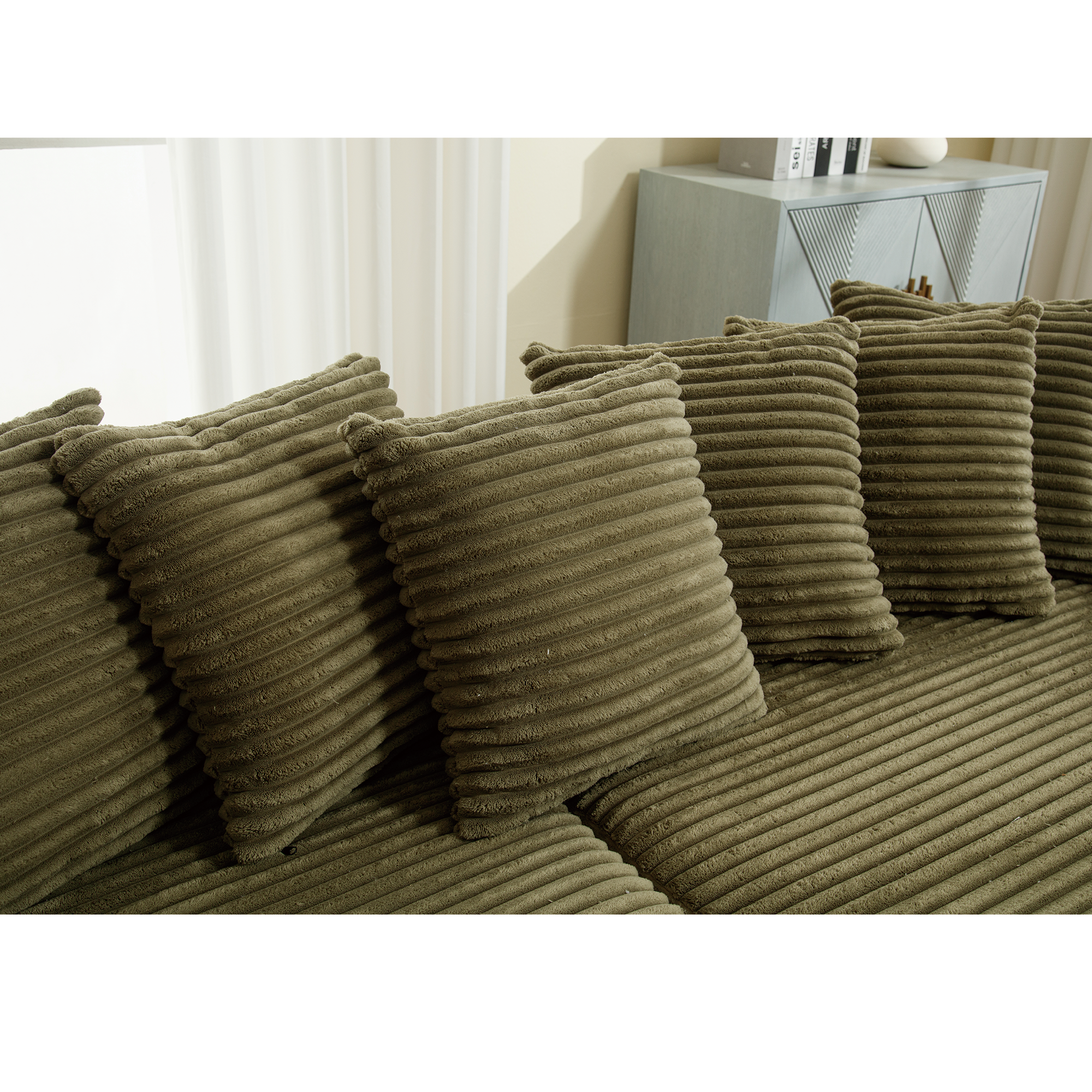 [NEW ARRIVED] [VIDEO PROVIDED] Oversized Two-Piece Couches, L Shaped Sofa, Corduroy, Right Chaise Daybed,with Armrests,Eight Throw Pillows,Corner Sofa,Easy To Assemble, Green