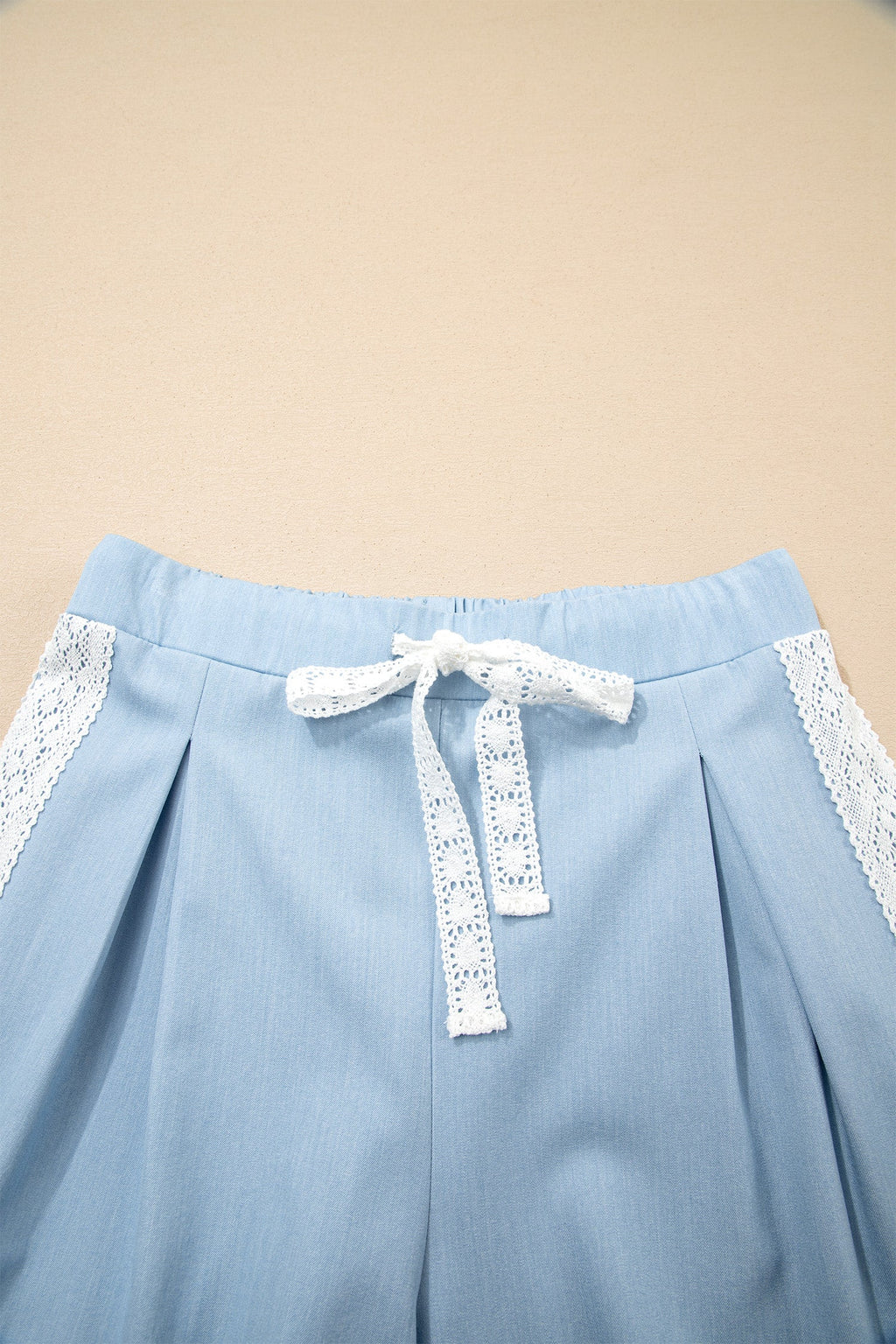 Floral Lace Patch Pocket Pleated Wide Leg Pants