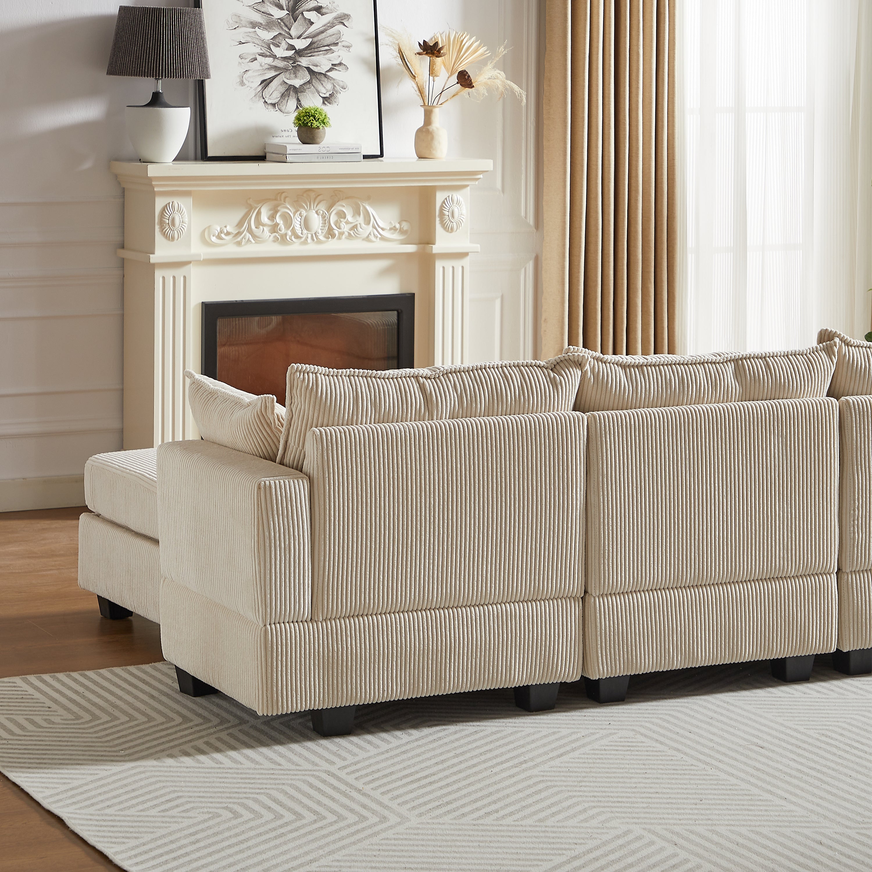 113.5'' Modular Sectiona Corduroy Sofa, Sectional Couches for Living Room U Shaped Sectional Couch with Storage Ottoman, 6 Seats Convertible Sectionals with Chaise
