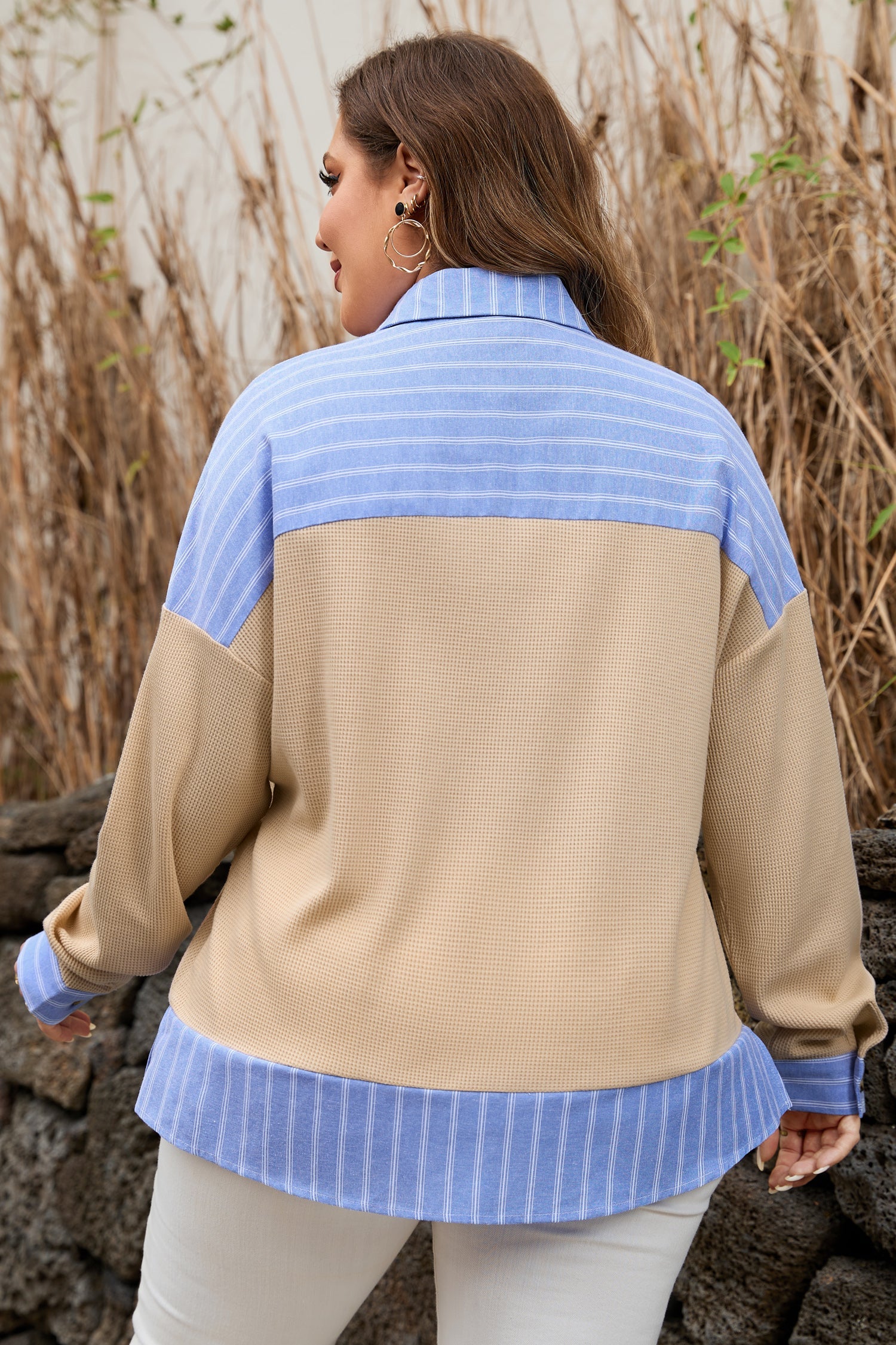 Plus Size Stripe Contrast Trim Waffle Knit Collared Top