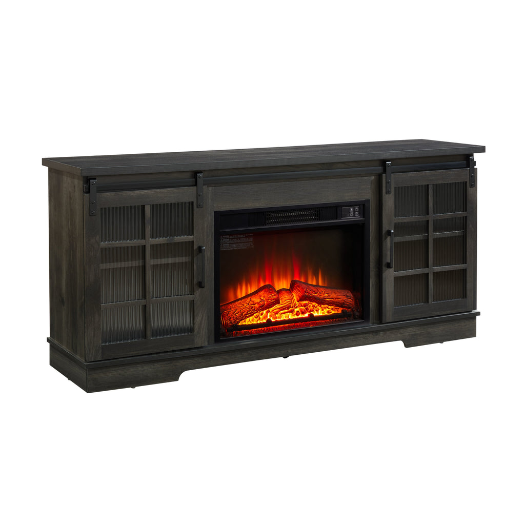 Multipurpose Sliding Door TV Stand Large Storage Cabinet with 2 Sliding Fluted Glass Doors, TV Up to 65'', TV Desk Storage Rack with 23' Fireplace TV Stand, Charcoal GREY, 59.13'W*15.94'D*27.8'H