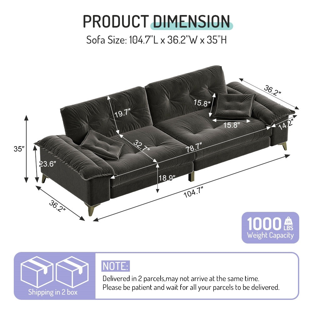 104.7 ' Modern 4-Seat Cloud Sofa with Wide Removable Armrests, Tufted Sofa with Metal Legs,Comfy Chenille Upholstered Couch with 2 Pillows for Living Room,Bedroom,Apartment, Office,Studio,Dark Gery