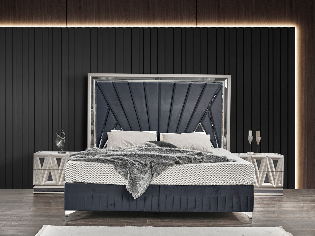 Lavita Modern & Contemporary Style 4 Pc King Upholstered Bedroom Set Made with Wood and Gold Accents in River Sand Grey (CA Inventory)