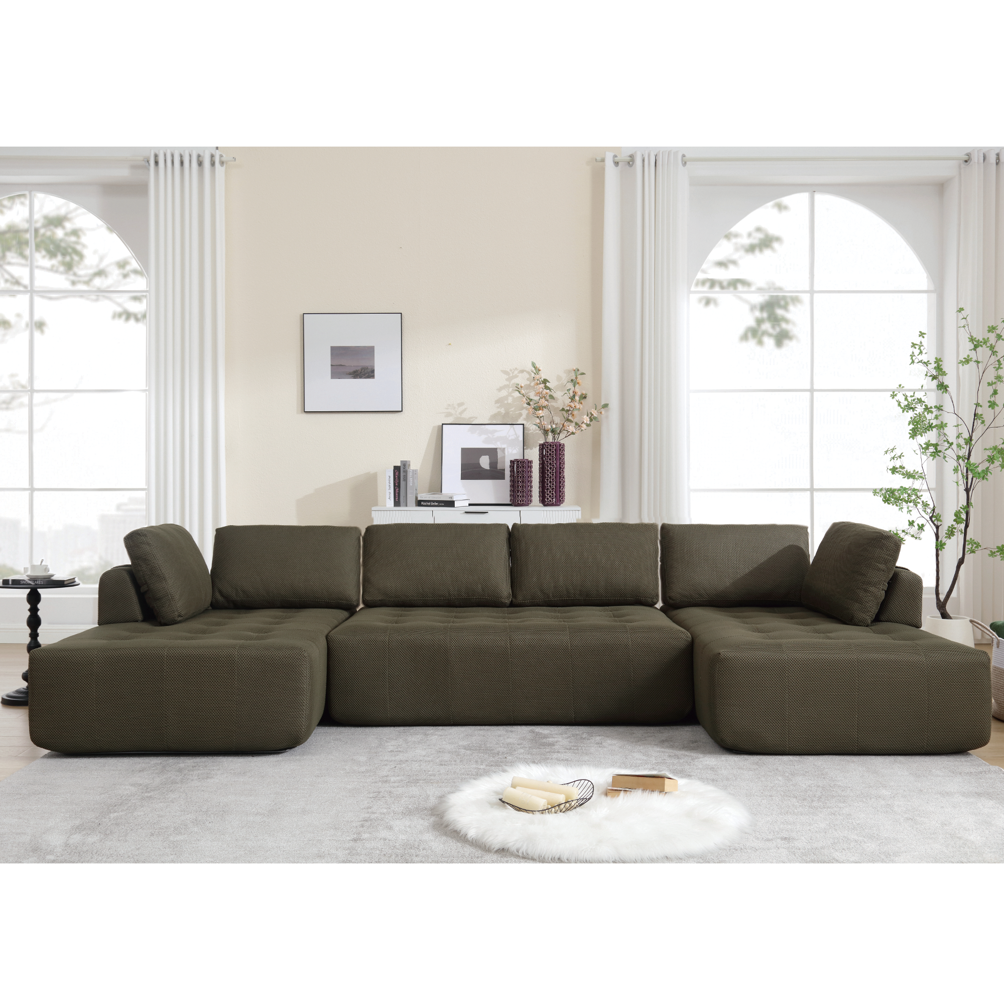 [NEW ARRIVED] [VIDEO PROVIDED]138.5 'Modular Combination Sofa, U-shaped Sofa, Living Room, Apartment, Upholstered ,6-seat Sofa, Free Combination Sofa (Mesh Fabric), Breathable Fabric,Green