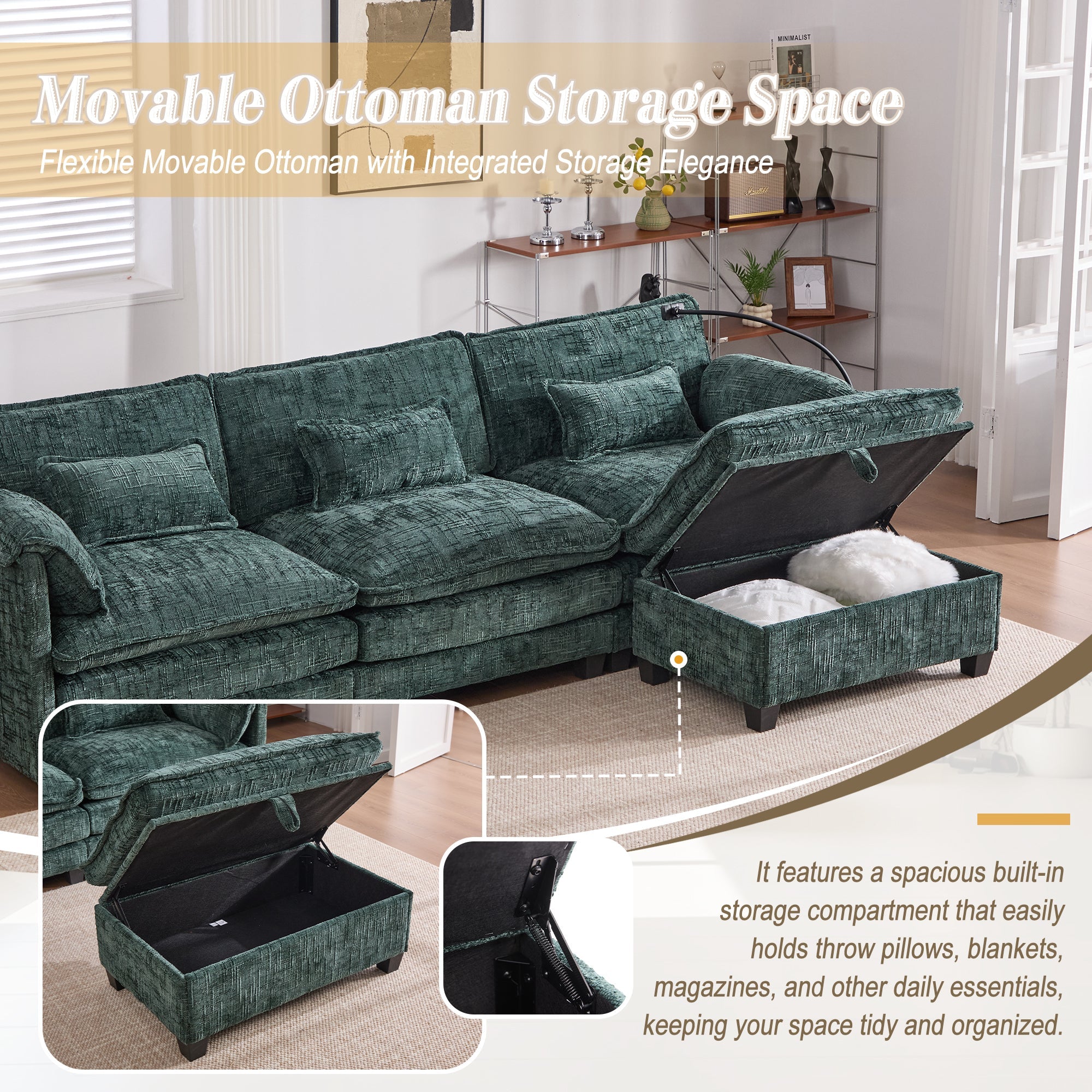 UNITED WE WIN 112' Oversized Sectional Sofa Cloud Couch for Living Room, Modern Chenille L Shaped Couch, Comfy Boucle Modular Sofa Sleeper with Movable Storage Ottoman, Phone Holder, USB Charging Port
