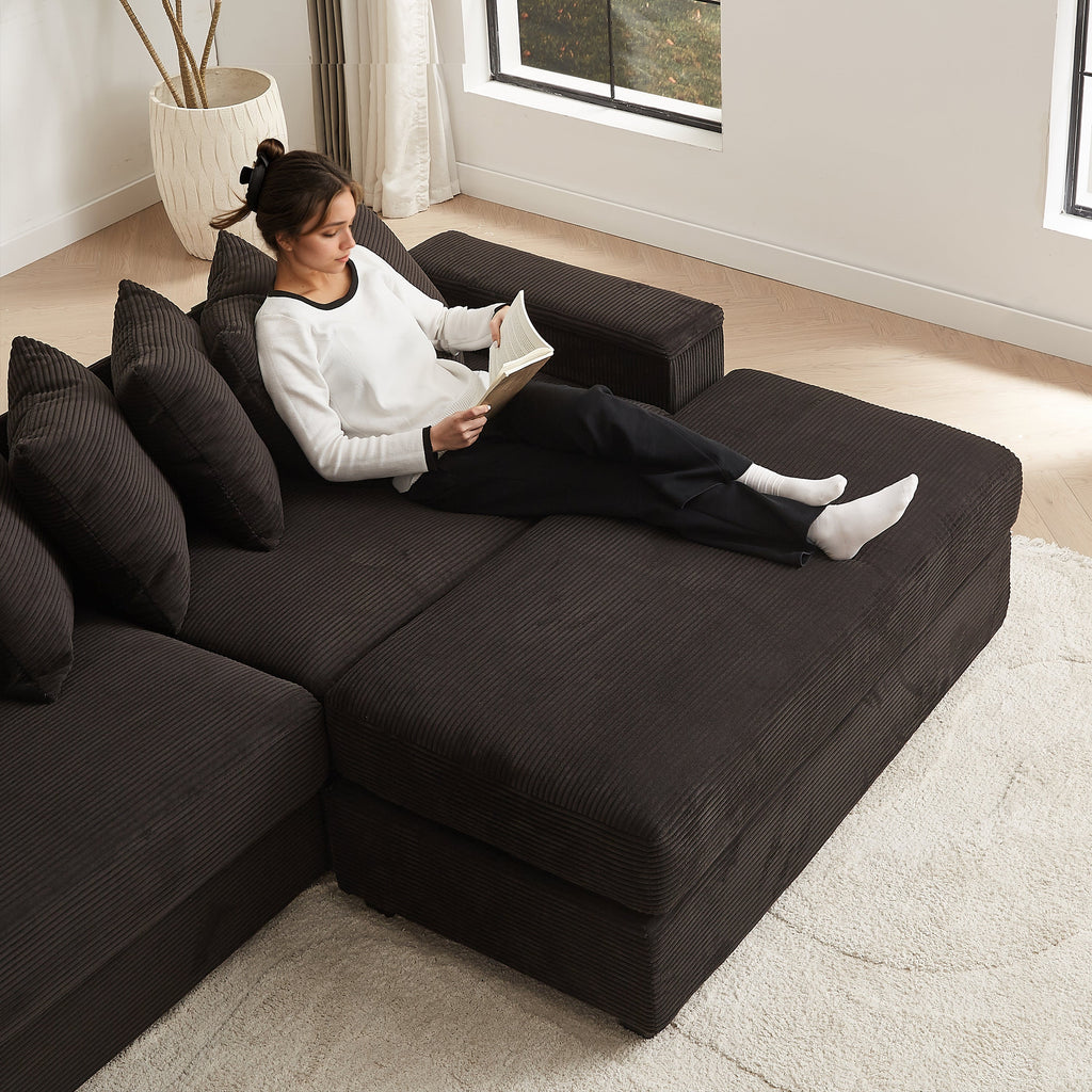 Luxe Oversized L Shaped Sofa with Chaise,Comfy Corduroy L Shaped Sectional Couches with 8 Pillows and Two Armrest storage space,Soft Fluffy Upholstered Sofa Bed for Living Room Apartment Bedroom