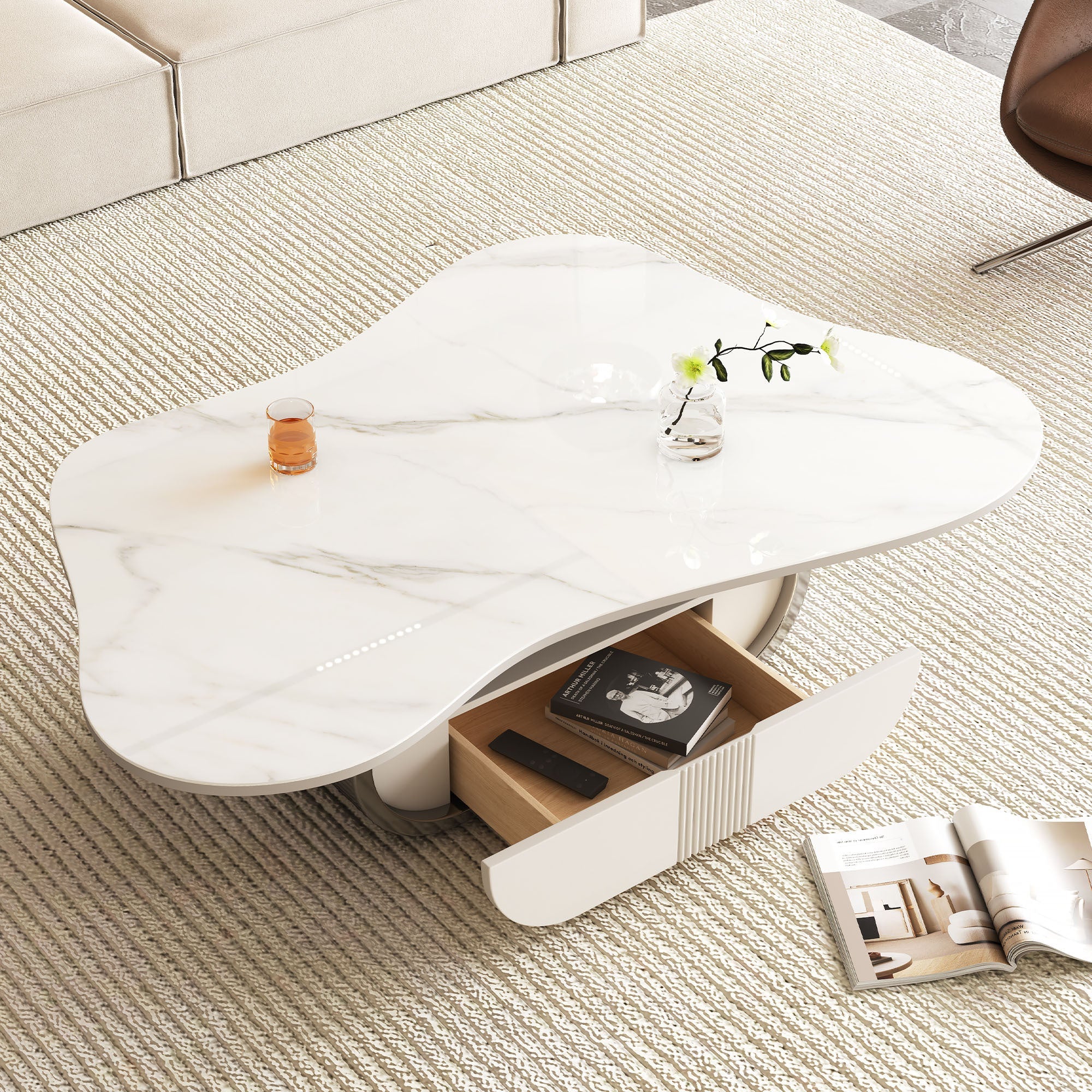 Modern Butterfly Coffee Table with Sintered Stone Top – Oval Center Table with Storage Shelf & Drawer, Stainless Steel Base & MDF Cabinet