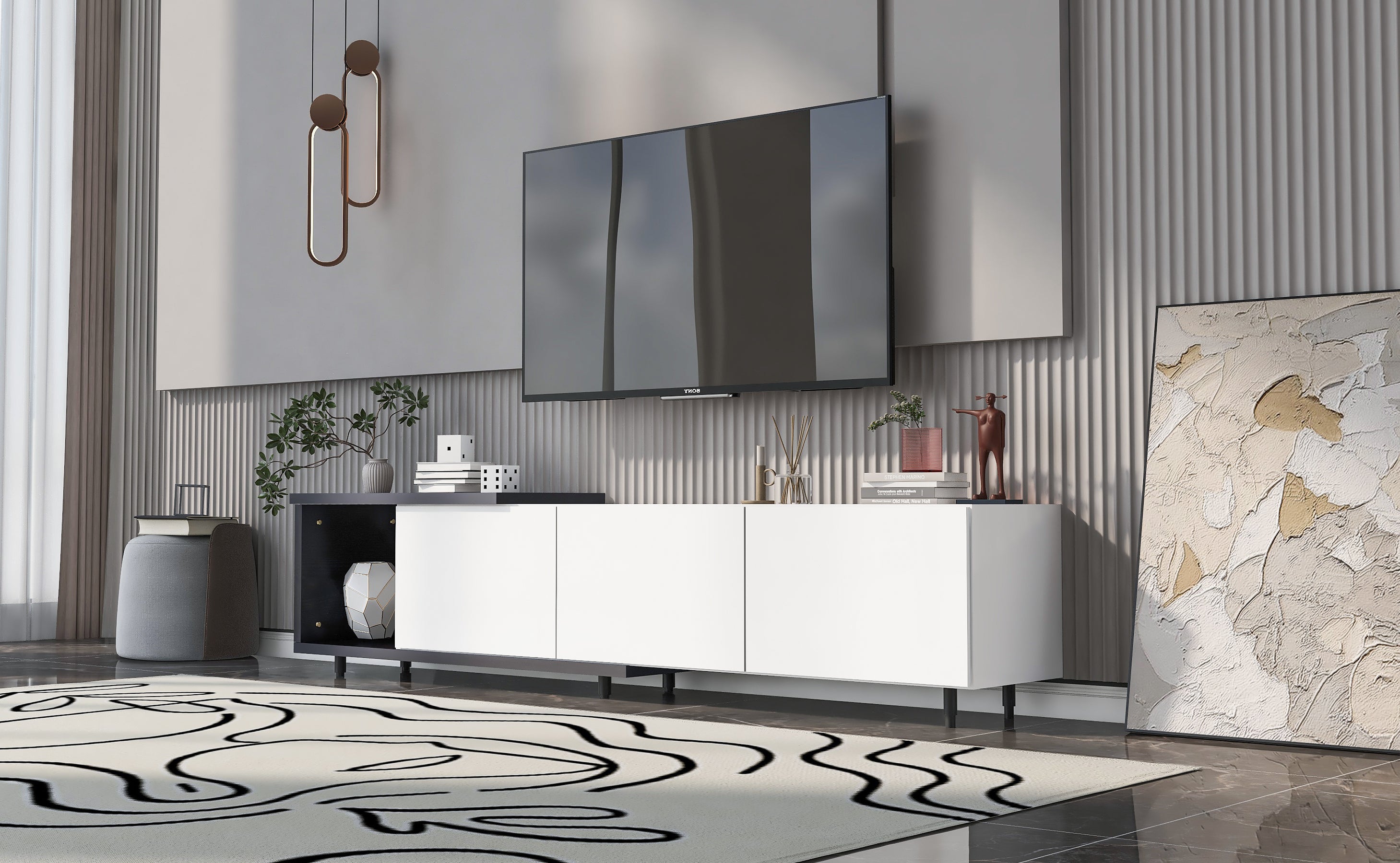 U-Can  70.1''-100'' Modern Stylish ExtendableTV Stand  TV Cabinet for 80+inch TV, Black+White (Old SKU: WF299723AAK)