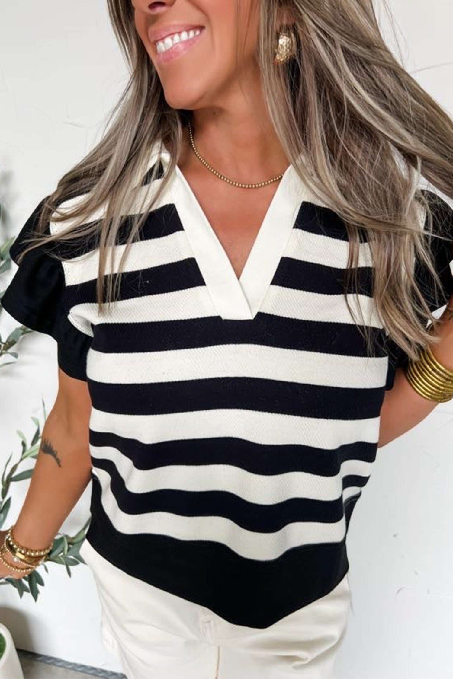 Stripe Collar V-Neck Ruffle Short Sleeve Blouse