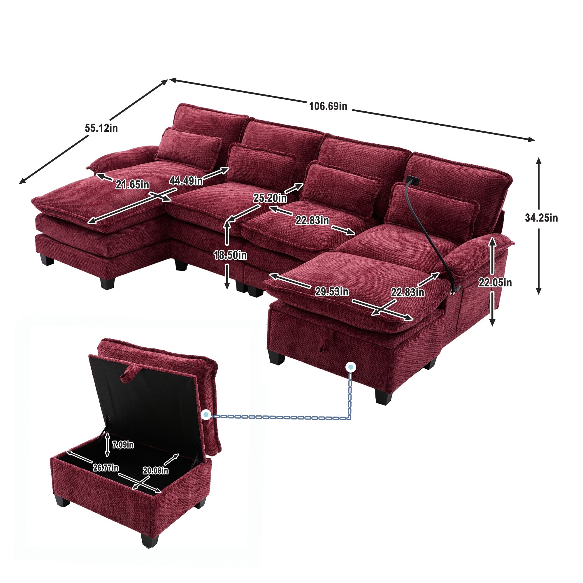 UNITED WE WIN 106' U Shape Sectional Sofa Cloud Couch for Living Room, Upholstery Comfy Modular Sofas, 4 Seat Chenille U-Shaped Sleeper Sofa with Chaise Lounge, Ottoman & Pillows
