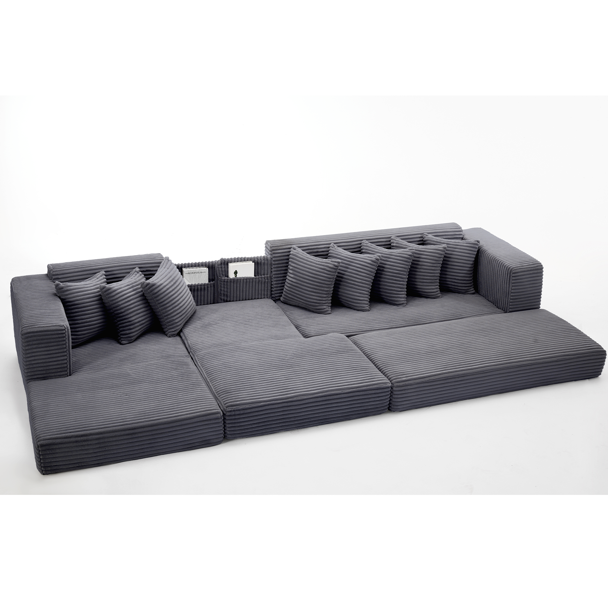 [NEW ARRIVED] [VIDEO PROVIDED] Oversize Cloud Couch, L-Shape Sofa, Convertible Floor Sleeper Sofa Bed, No Assembly ,Eight pillows,3-in-1,Side Pocket,(Left Facing Sofa),3 Seat,Corduroy,Dark Gray