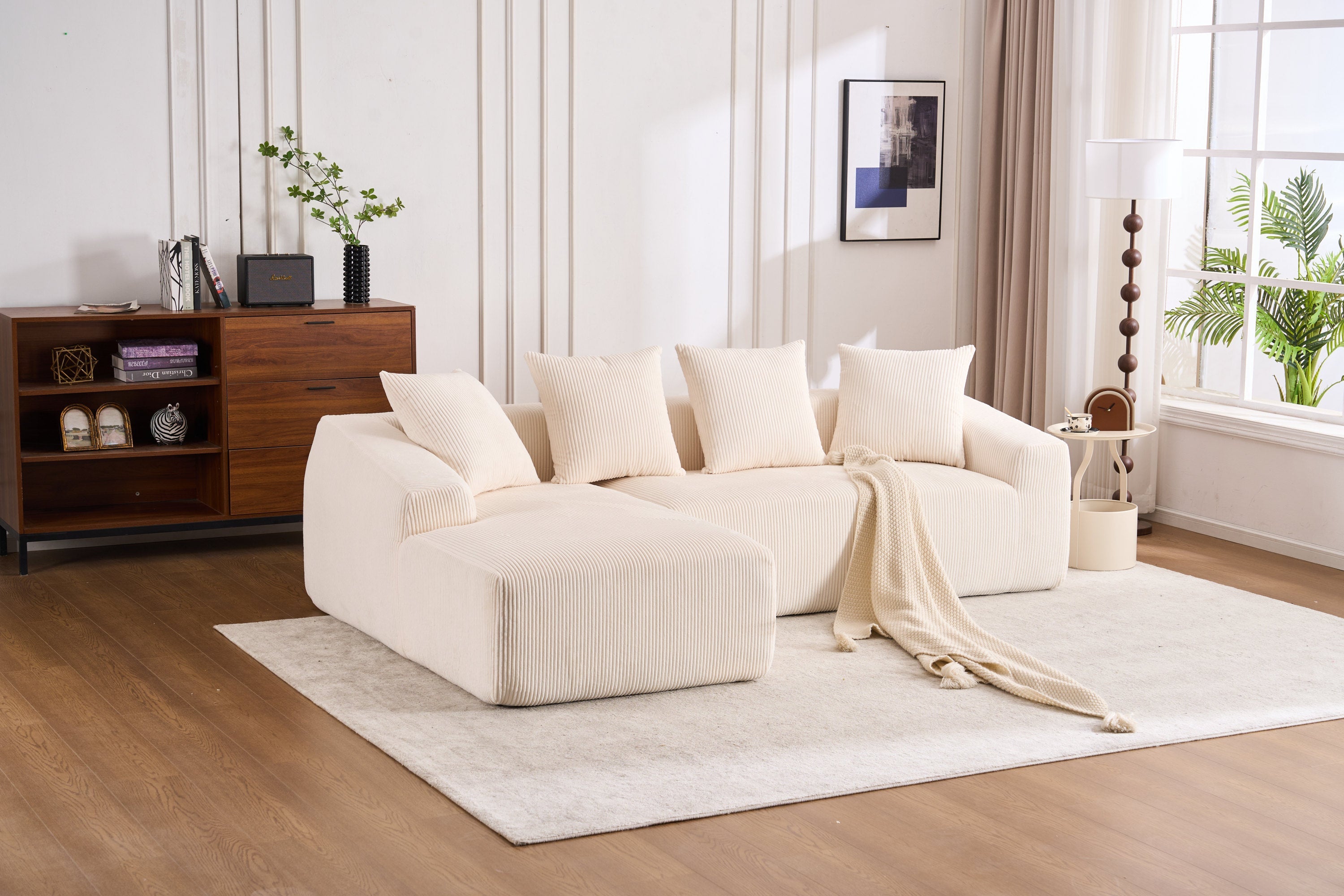 LY-023 WHITE COMPRESSION SOFA: Combining chaise longue with 3-seater, Corduroy Fabric, full sponge compression sofa,combined sofa with 4 pillows for living/ Home Furniture/ Apartment