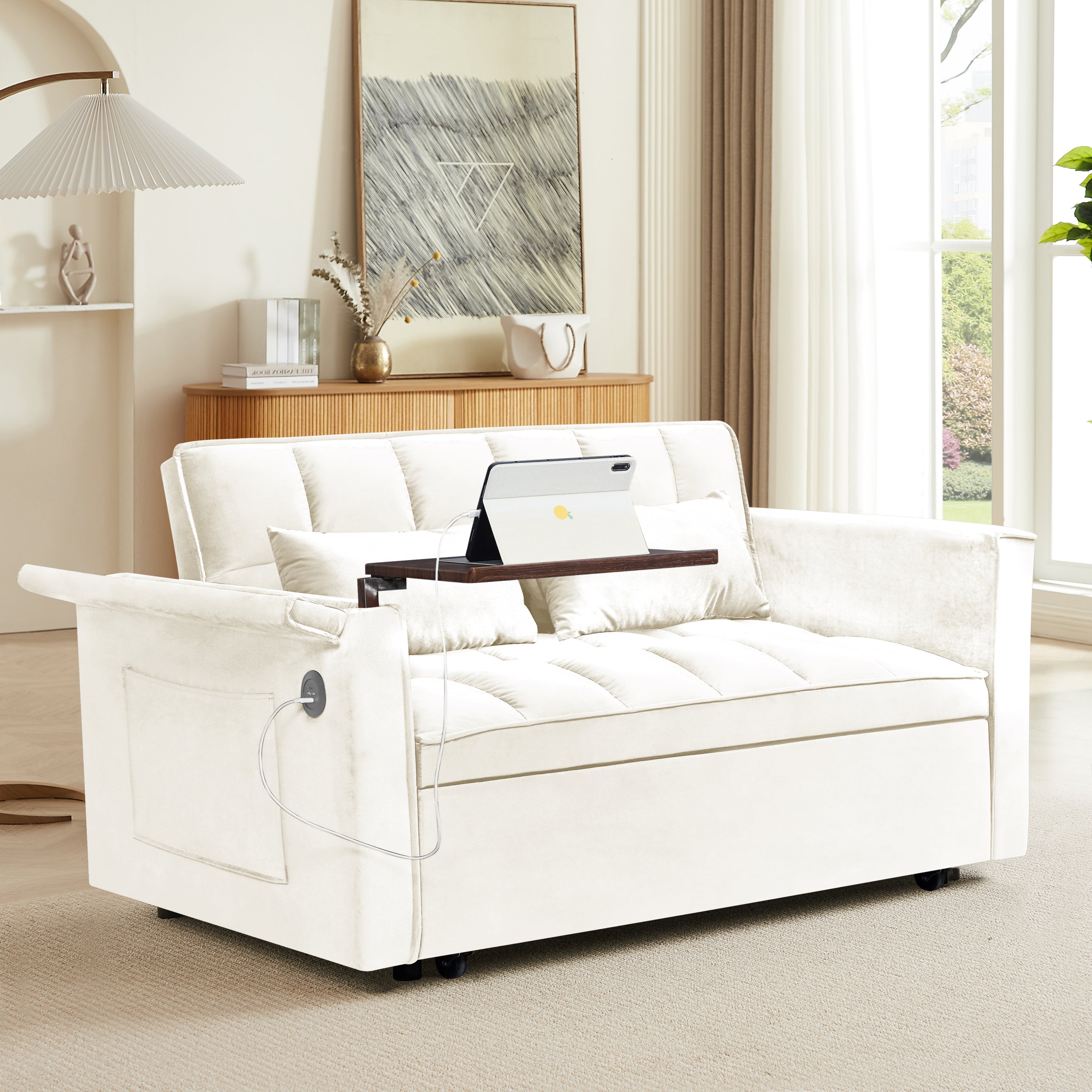55.5 '3-in-1 foldable sofa bed, modern velvet double sofa, sofa bed with adjustable back, storage bag and pillow, hidden living room laptop desk with USB port, suitable for living room, bedroom(BEIGE)