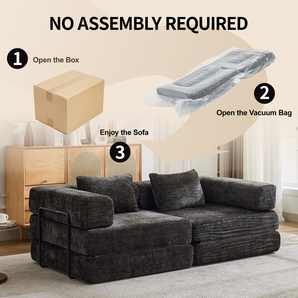 Compression Sofa,Convertible Floor Sofa Bed with Fixed-Shape Frame, Loveseats Boneless Modular Sectional Sofa,No Assembly Required,Chenille fabric,for Living Room Bedroom,Black