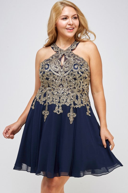 Gold embroidered plus size chiffon dress with built in tulle