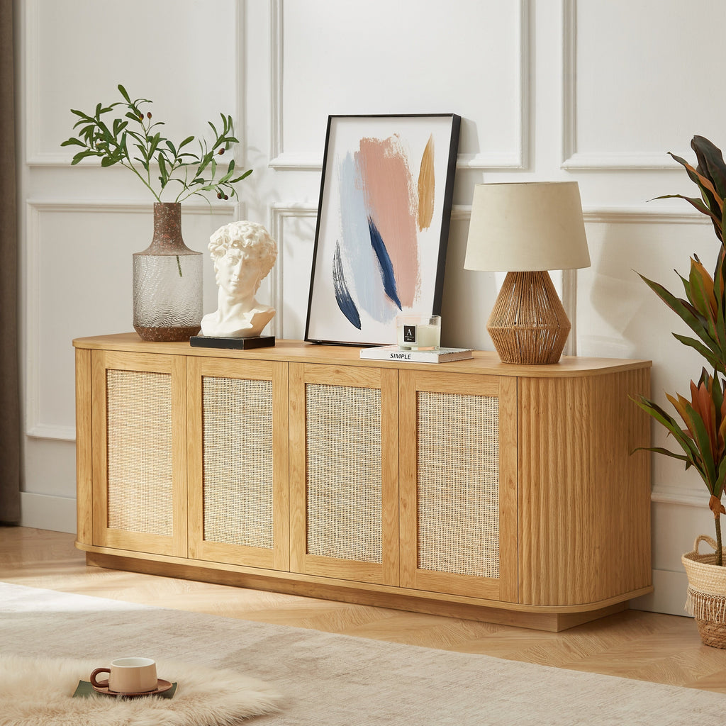Contemporary Wave-Shaped TV Stand with Rattan Doors, Natural Wood Finish, 64''W x 15''D x 24''H