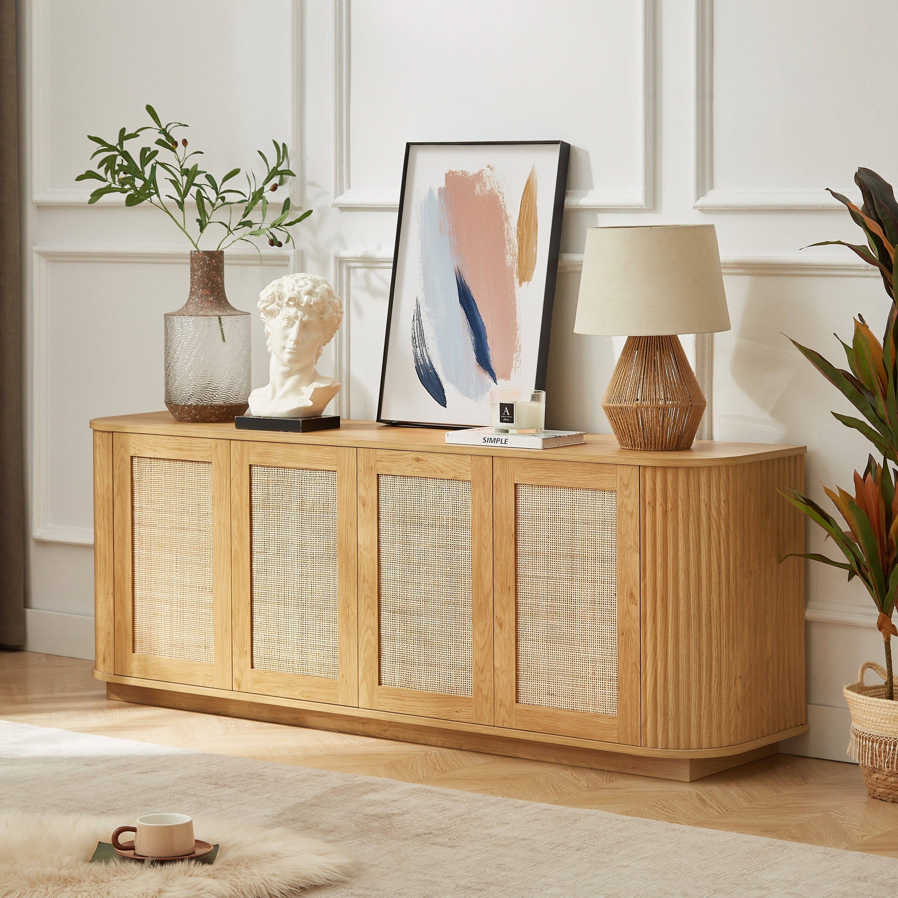 Contemporary Wave-Shaped TV Stand with Rattan Doors, Natural Wood Finish, 64''W x 15''D x 24''H