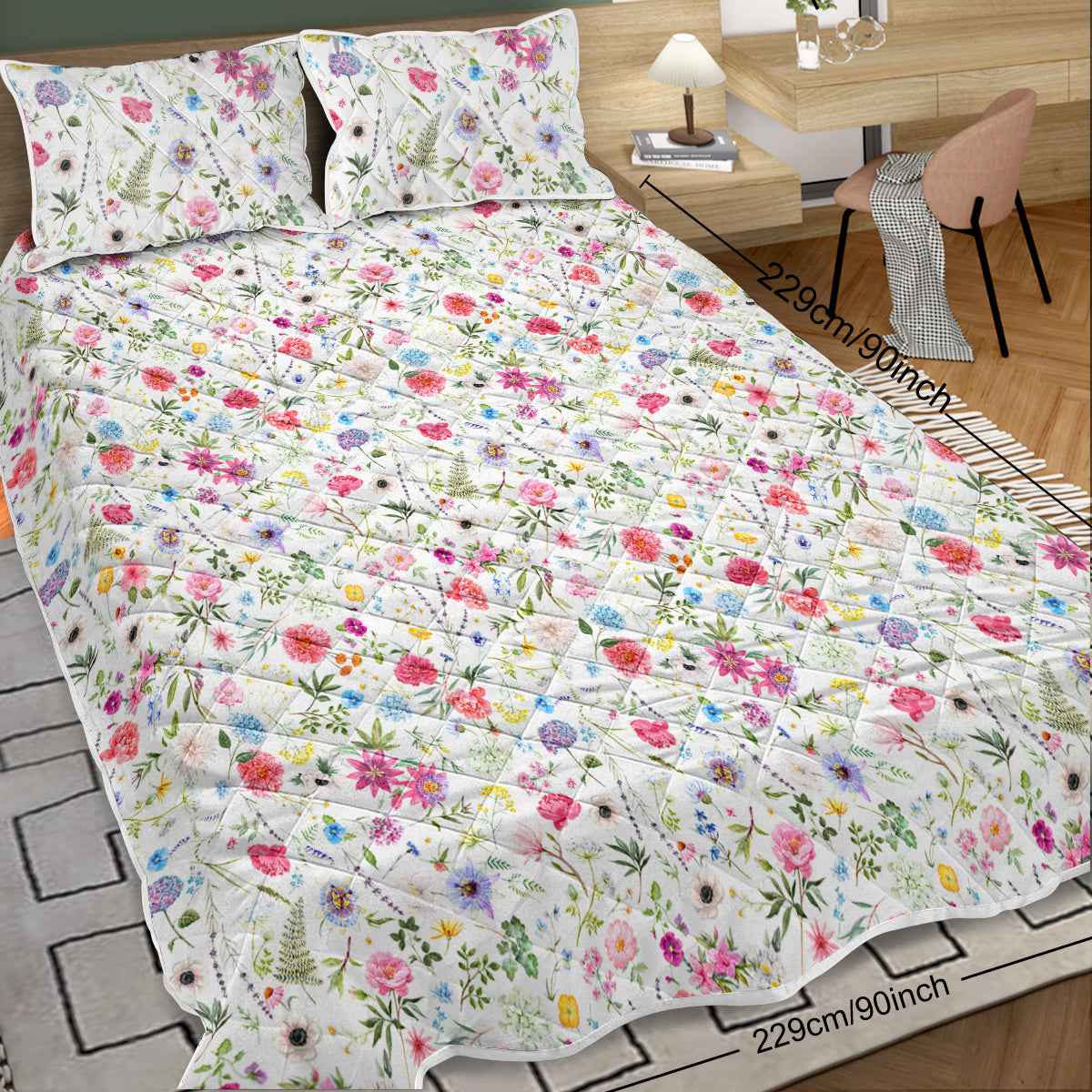 Red Floral Microfiber Quilt Comforter Bedding Set - 3 piece set