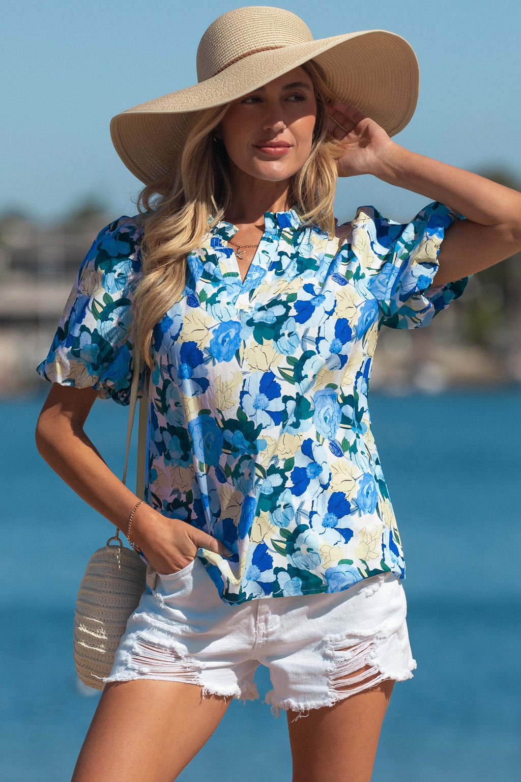 Floral Puff Sleeve V-Neck Short Blouse