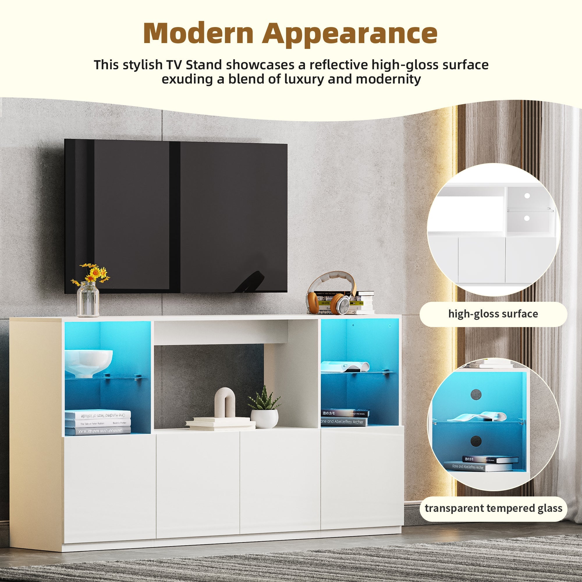 ON-TREND High Gloss TV Stand with LED Lights, Modern Sideboard with Large Storage Cabinet, Media Console with Tempered Glass Shelves for TVs up to 75', Living Room, White, 67'Wx13.7'D