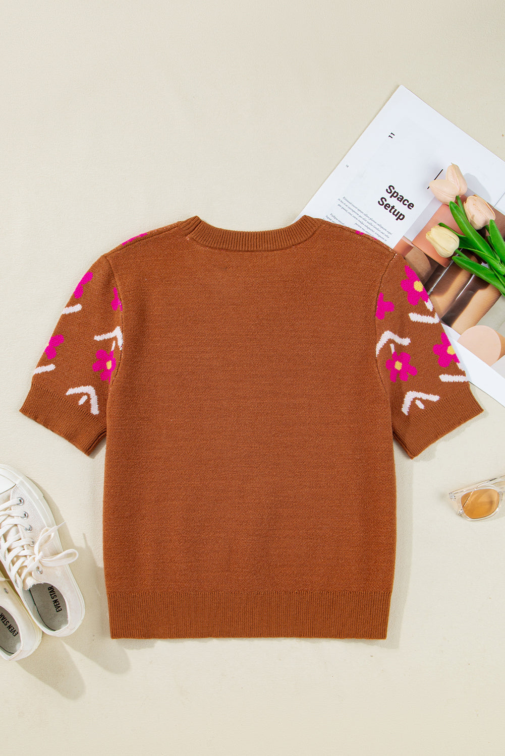 Floral Short Puff Sleeve Sweater