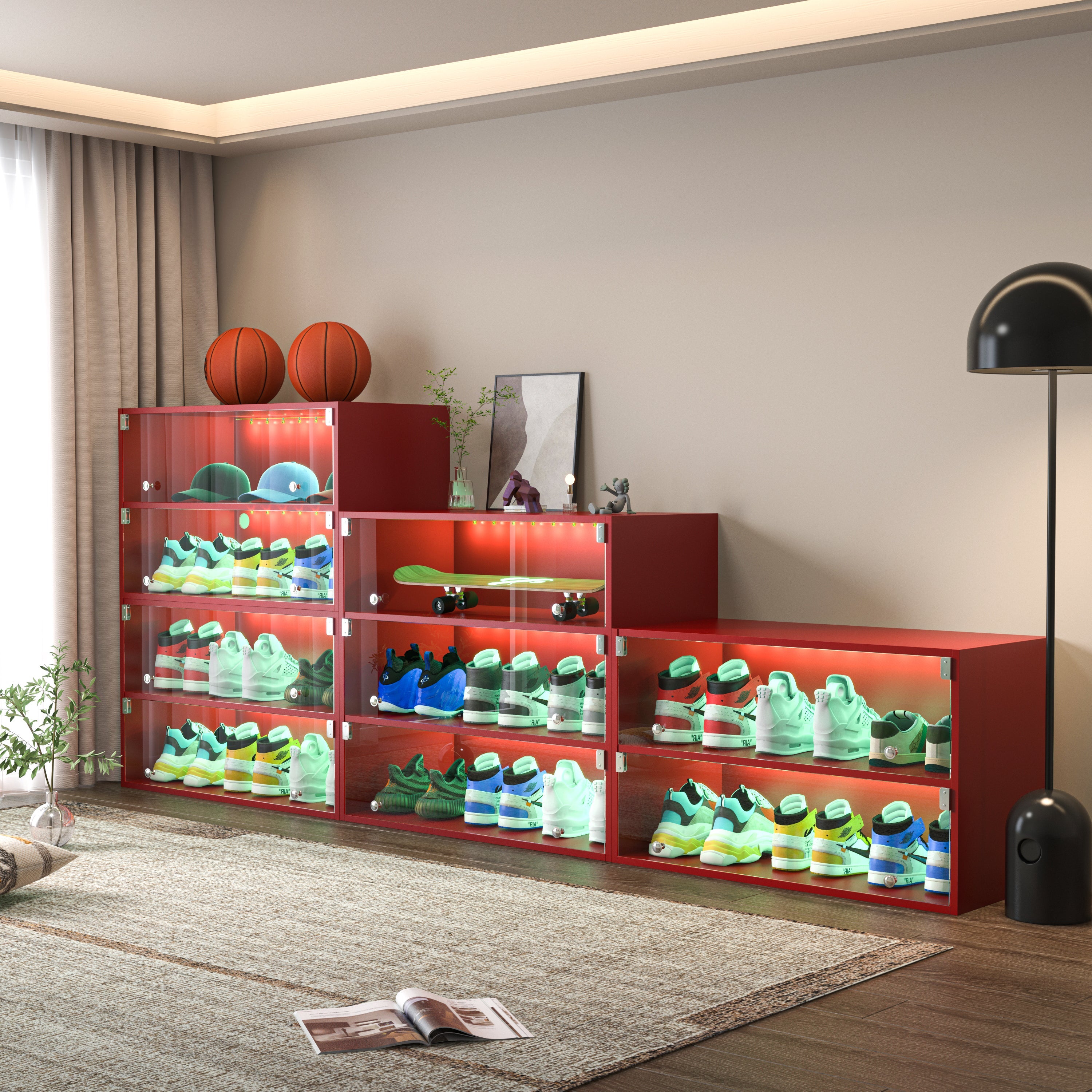 Red Glass Door Shoe Box Shoe Storage Cabinet For Sneakers With RGB Led Light