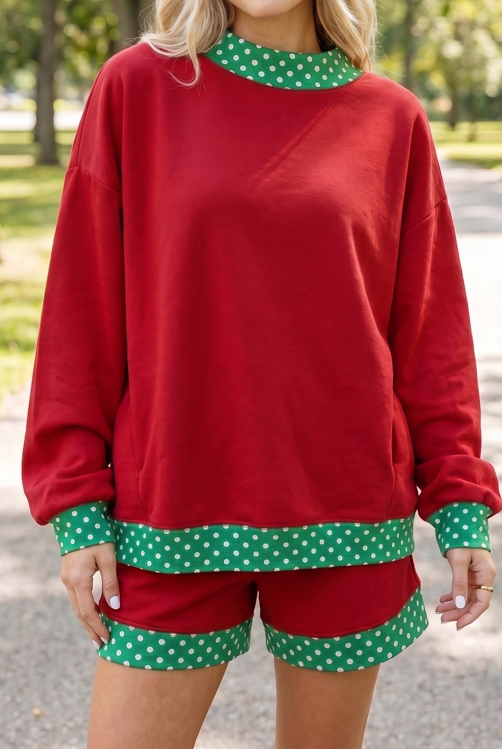 Polka Dot Contrast Trim Sweatshirt & Shorts Set