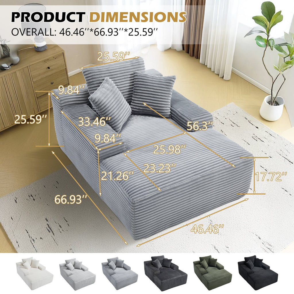 67' Chaise Lounge Chair 9.9'' Wide Armrest Indoor Corduroy Oversized Sleeper Sofa for Living Room Deep Seat Lounge and Three Soft Pillows Convertible Boneless Sofa Bed, Grey, No Assembly Required