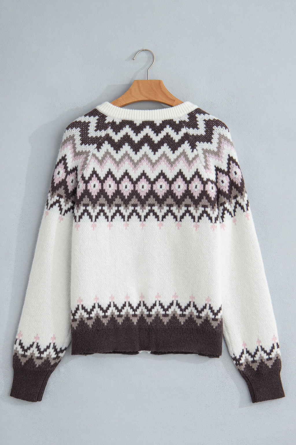 Geometric Fair Isle Brushed Knit Buttoned Cardigan