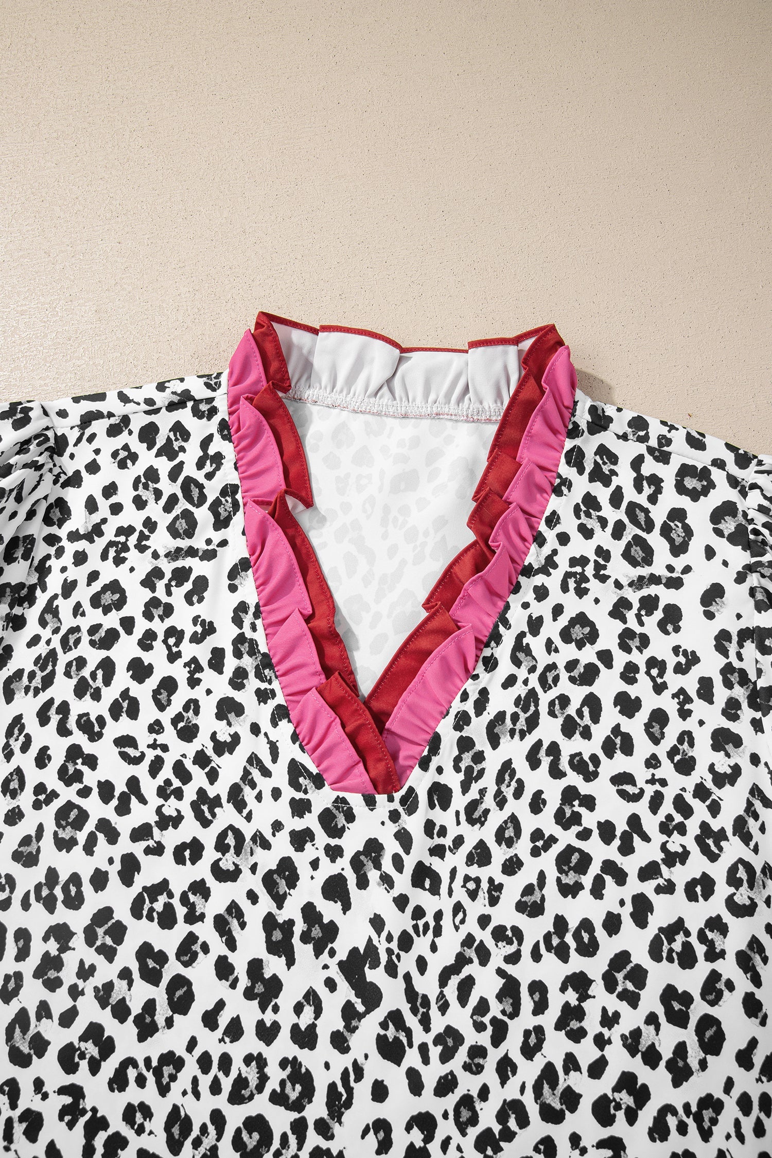Leopard Ruffle Trim V-Neck Short Sleeve Blouse