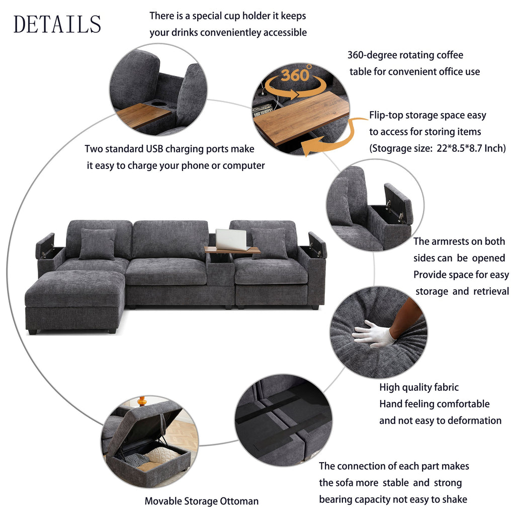 120.3'Sectional Sofa ,L-Shaped Oversized Couch ,Comfy Cloud Couch Set with Drop Down Table,360-degree Swivel tray ,Cup Holders,USB Charger,Storage Ottoman and  Armrest,Wide Seat Sofa for Living room