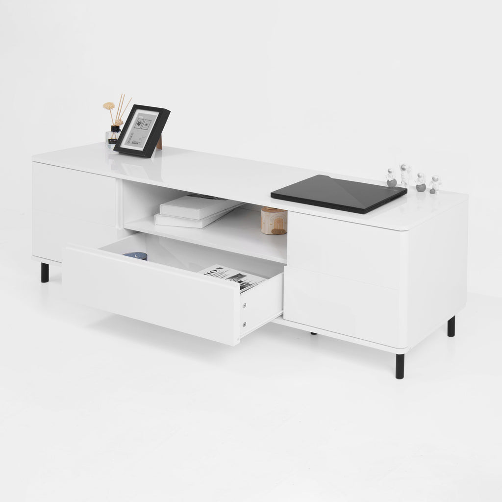 High Gloss Panel Modern TV Console, TV Stand, Entertainment Center with Storage Shelves,TV Cabinet for Living Room, Bedroom, Cloud White 63x15.74x19.68 inch