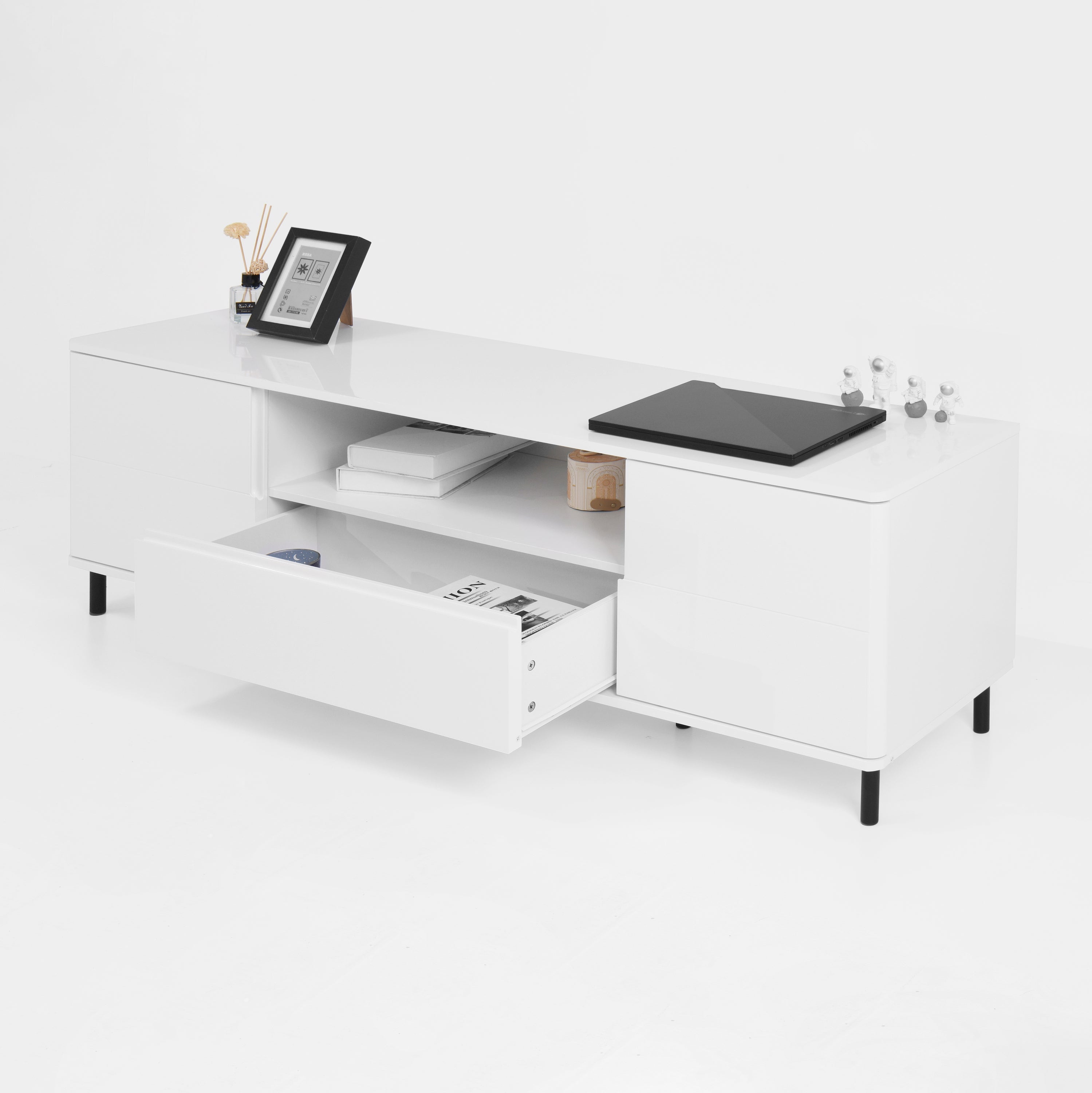 High Gloss Panel Modern TV Console, TV Stand, Entertainment Center with Storage Shelves,TV Cabinet for Living Room, Bedroom, Cloud White 63x15.74x19.68 inch