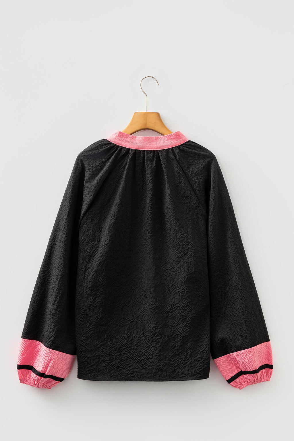 Colorblock V-Neck Textured Long Sleeve Blouse