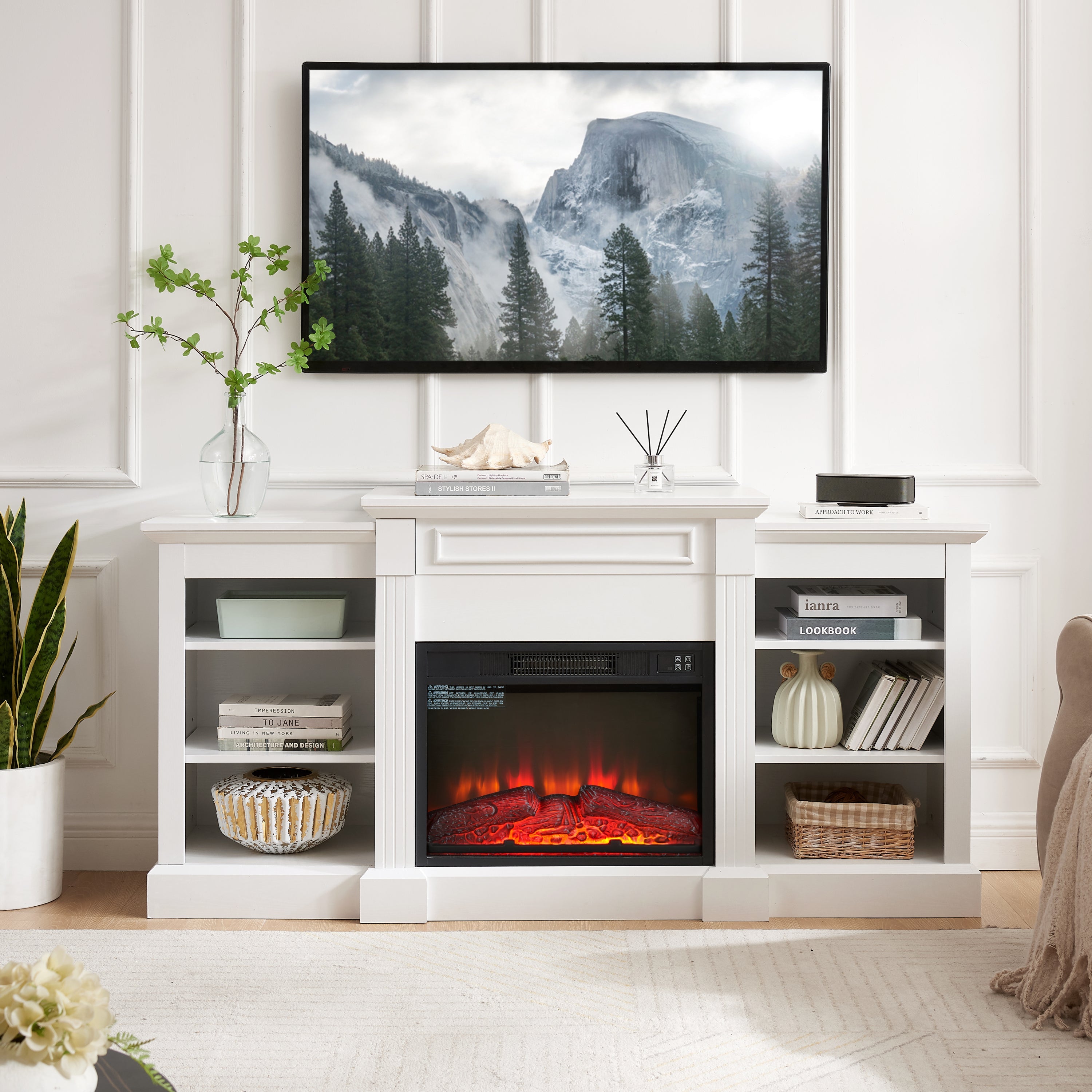 Media Console Table with Large Storage Cabinet, with 23' Fireplace Insert, for TV Up to 70'', Modern TV Media Entertaionment Stand, White, 65.75'W*17'D*32.48'H