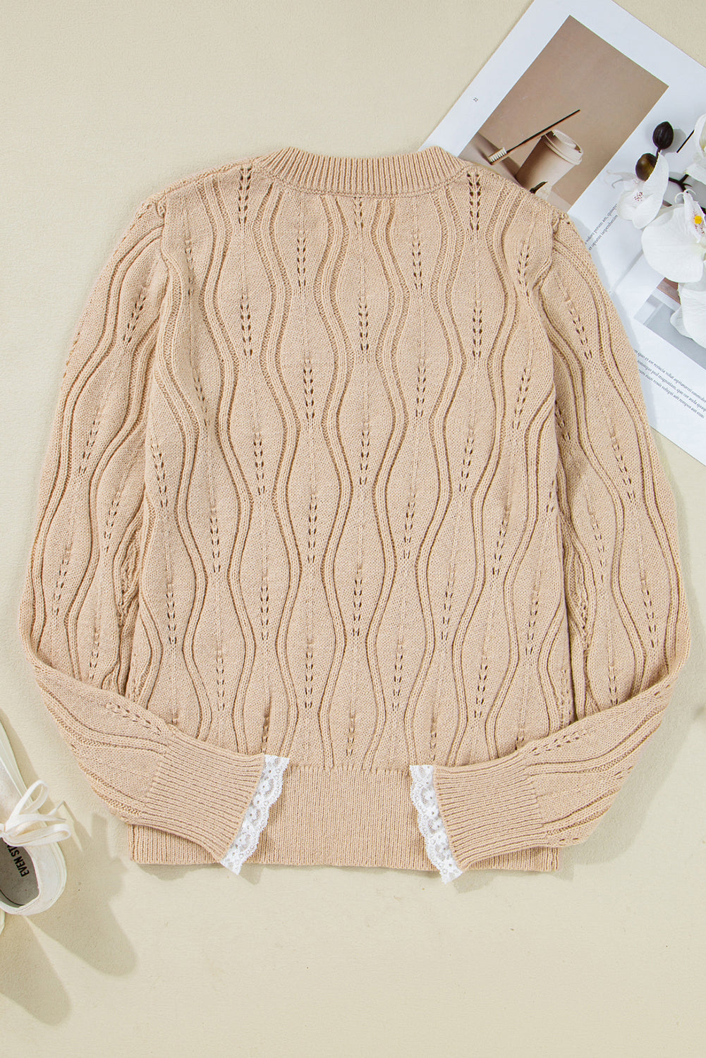 Pearl Beaded Pointelle Knit V-Neck Lace Trim Sweater