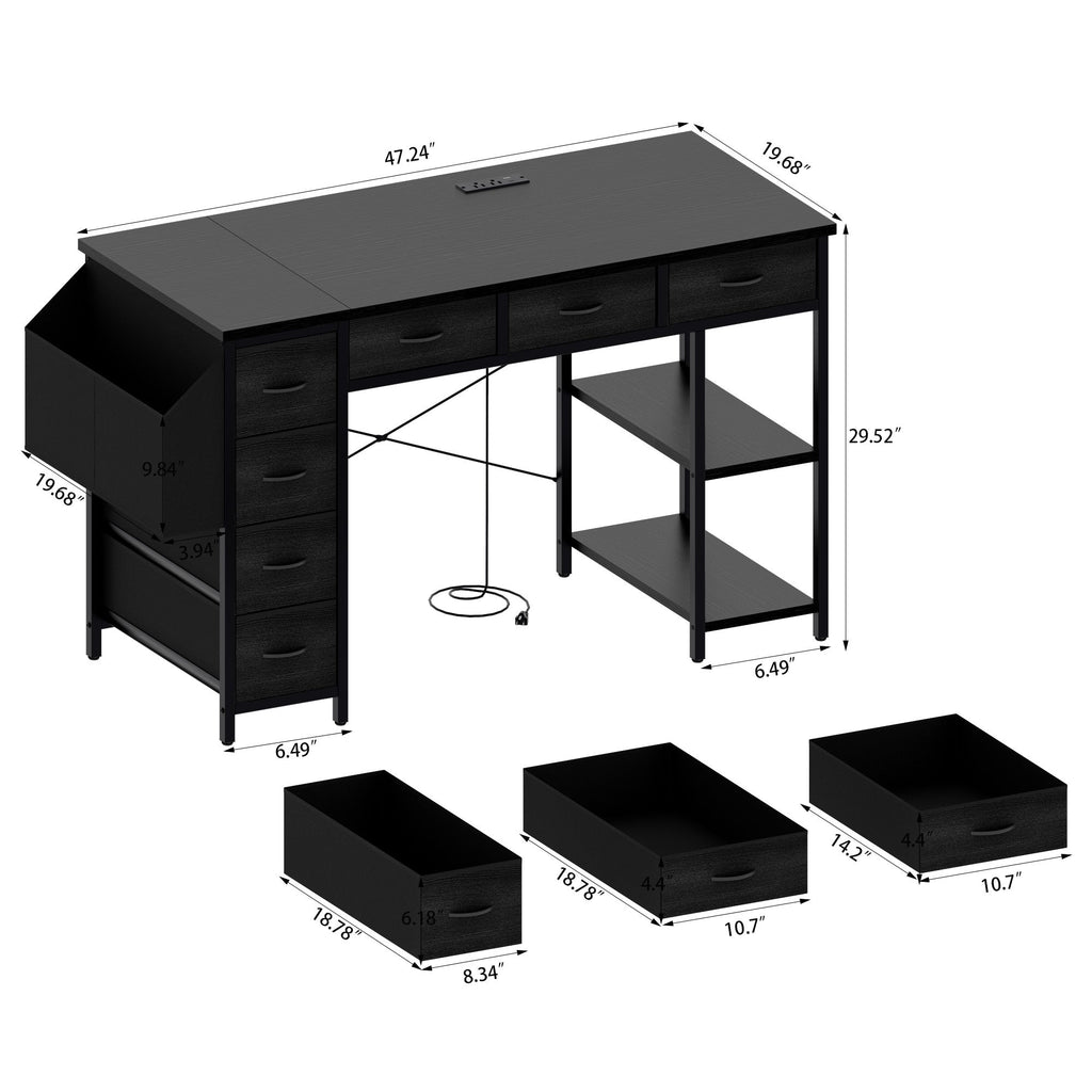 47.3' Computer Desk with 7 Drawers, Extra Large Side Pocket, and Power Outlets – Ideal for Home Office, Study, or Gaming –  Black