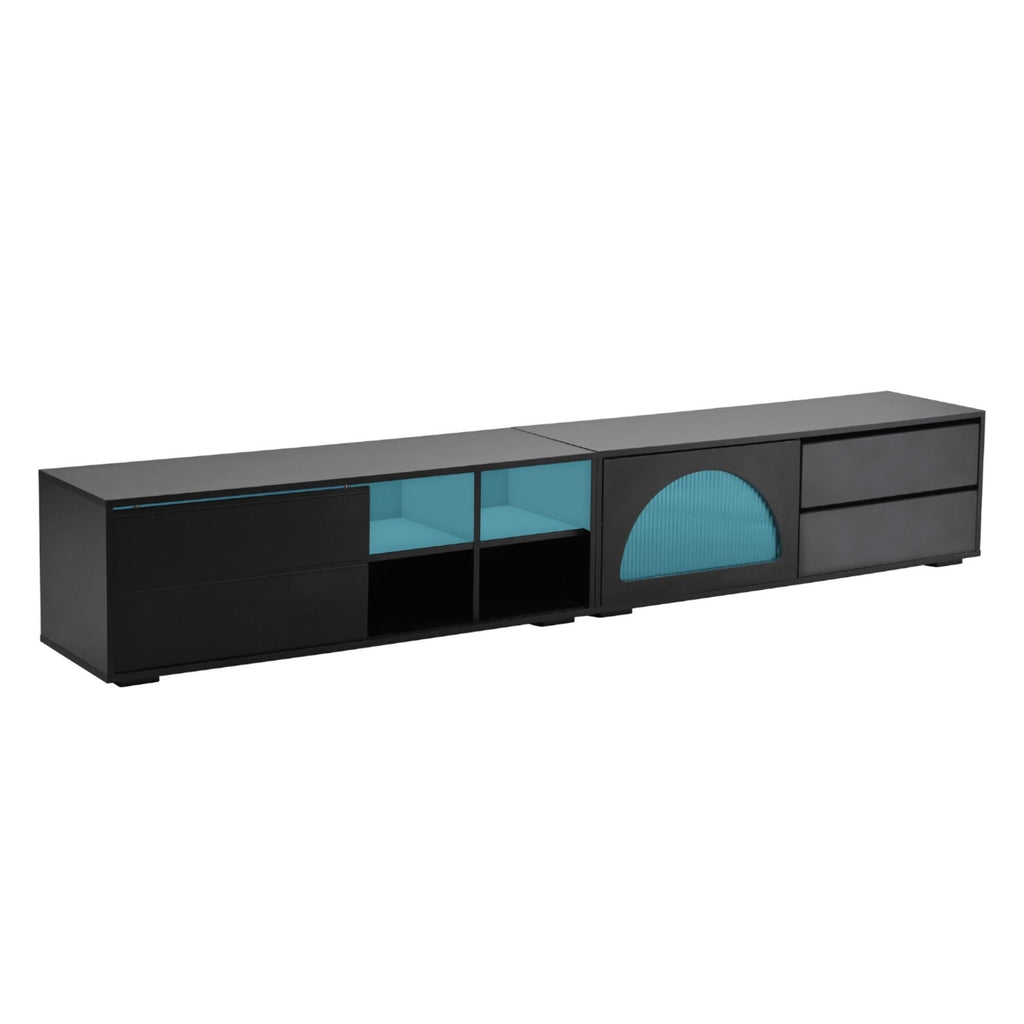 ON-TREND Modern TV Stand with Fluted Glass Door for TVs Up to 100', Media Console with Sliding Door & 2 Drawers, Free-Combination Entertainment Center with LED Light for Living Room, Bedroom, Black