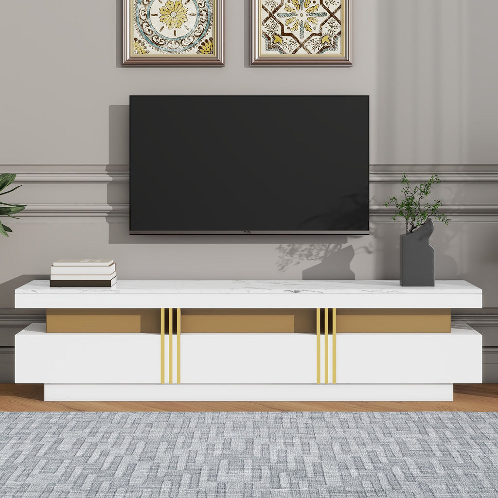ON-TREND Luxury TV Stand with High Gloss Faux Marble Top for TVs Up to 78'', Rectangle Media Console with Golden Panel Design, Practical Entertainment Center with 3 Drawers for Living Room, White