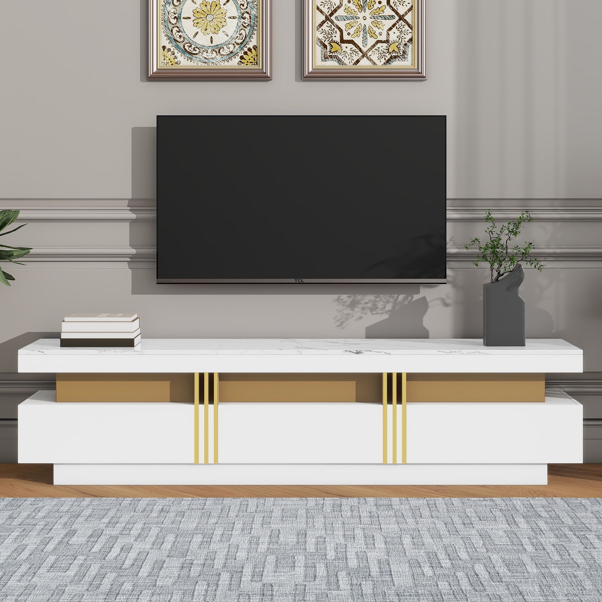 ON-TREND Luxury TV Stand with High Gloss Faux Marble Top for TVs Up to 78'', Rectangle Media Console with Golden Panel Design, Practical Entertainment Center with 3 Drawers for Living Room, White