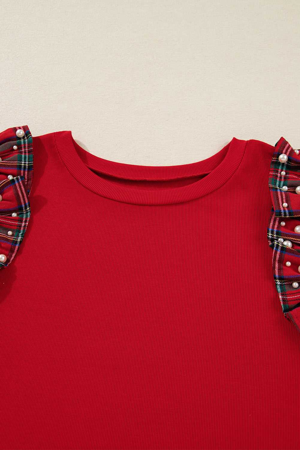 Plus Size Christmas Plaid Pearl Ruffle Sleeve T-shirt