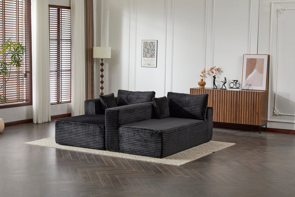 Compression Sectional Couch with Comfy Chaise, Boneless L Shape Sofa with Deep Seat, Minimalist Modular Couches Sleeper for Living Room Bedroom Apartment Lounge,corduroy,Black