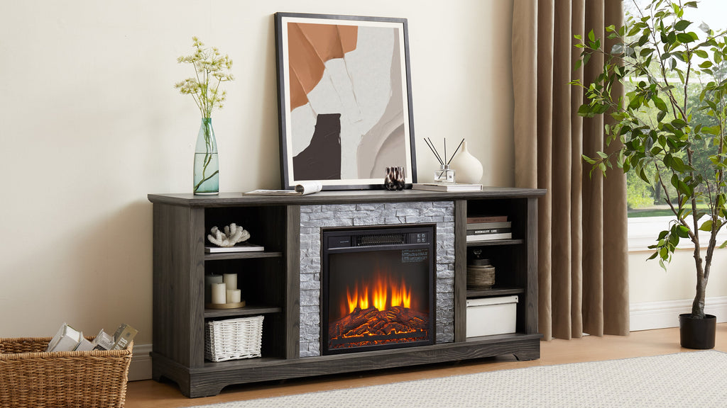 Mantel Electric Fireplace Stone TV Media Stand with Faux Stacked Stone Surround, Modern Entertainment Console with Open Storage Space with 18' Fireplace Insert ,Grey, 58.31'W*15.39'D*26.06'H